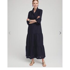 Chico's Maxi Dress Navy Blue Embroidered Eyelet Linen 1.5/M Beachy Coastal Boho